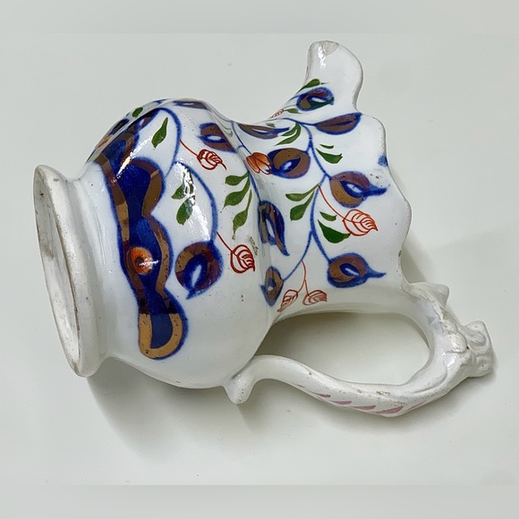 19th Century Antique Gaudy Welsh Vine  Pattern Lustreware Jug Handled Pitcher - Picture 10 of 16